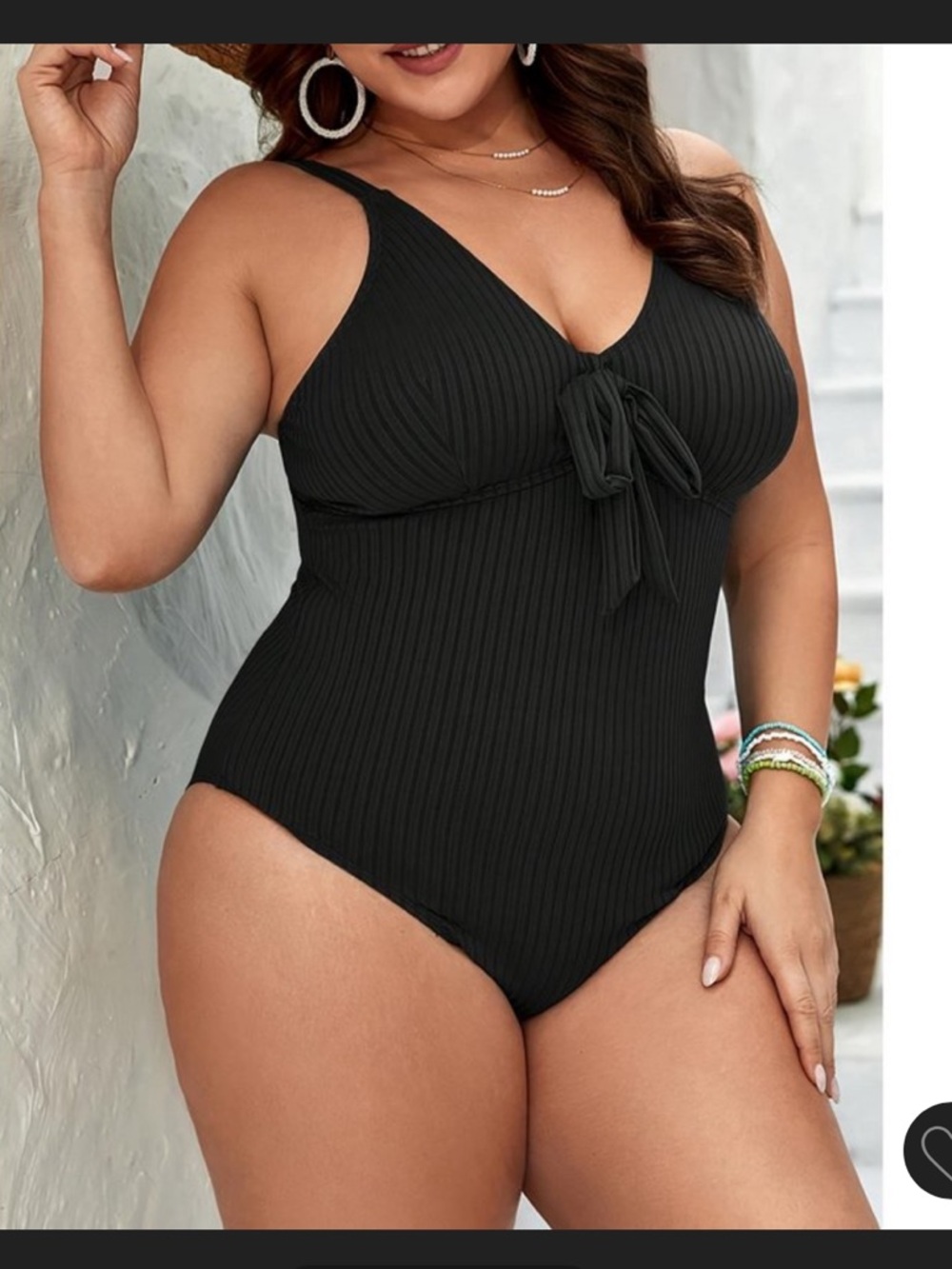 Plus Size Ribbed Black One-Piece Swimsuit with Front Tie 3X